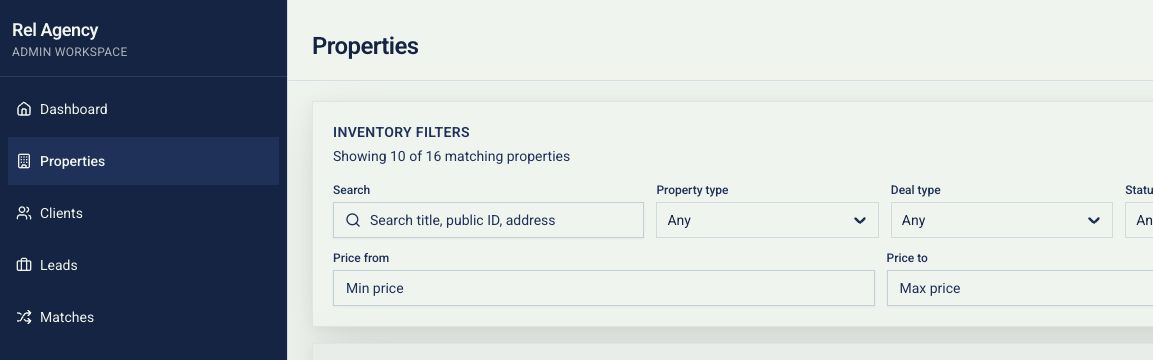 REL CMS property inventory with search and filtering controls
